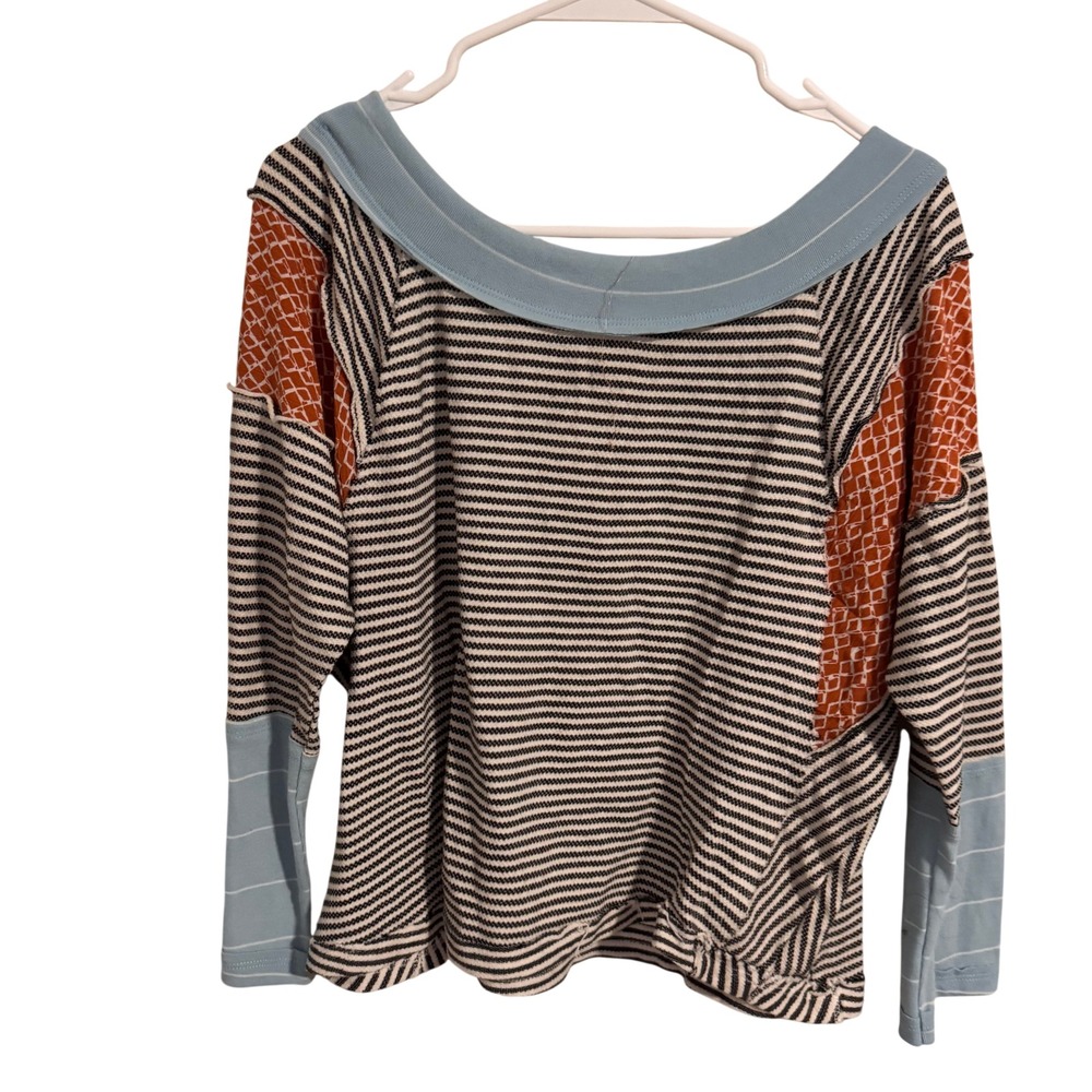 Ces Femme Mixed Media Striped Patchwork Top Orange Blue TT3071 Small
